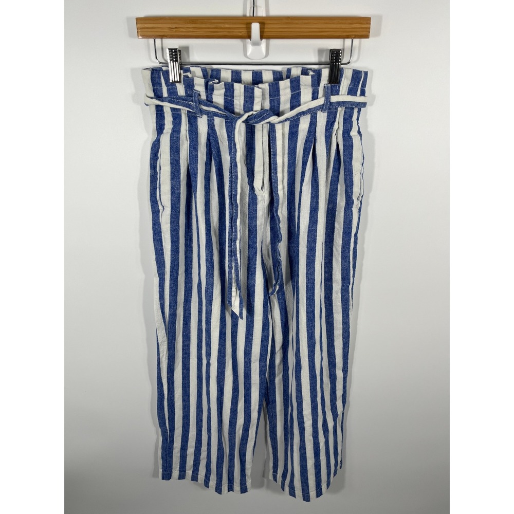 J Crew Women Linen Blend Wide Leg Pants 4 Blue White Stripe Coastal Beach Resort